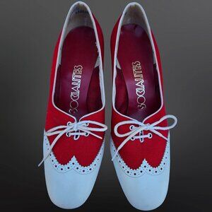 Vintage Socialites Spectator Heels Pumps Size 8 Red White 70s Does 40s Lace Up